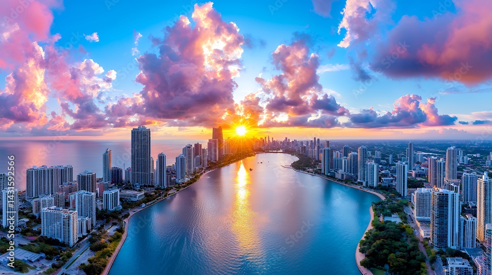 Fototapeta premium Urban glow cityscape panorama sunset splendor