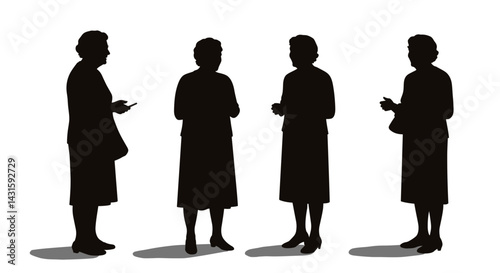 Silhouettes of elderly women in different poses on a white background in a minimalist style