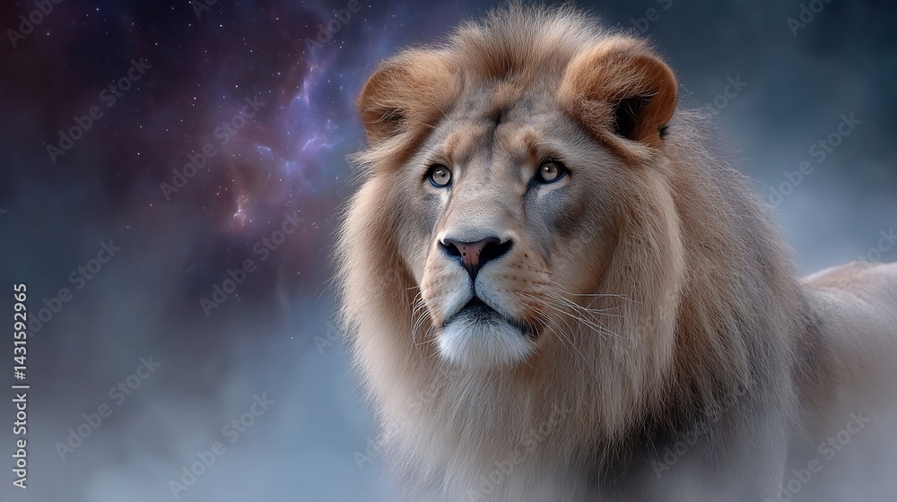 Obraz premium Majestic lion gazes upward against a celestial, nebulous, cloudy background