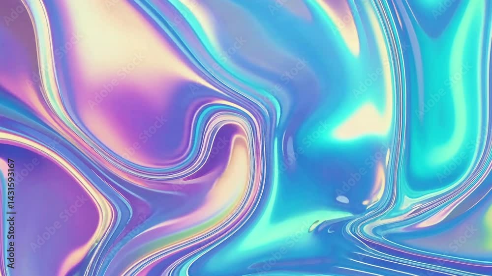Iridescent liquid background featuring smooth holographic textures, dreamy pastel hues, glossy finish, fluid seamless motion, and soft 3D animation in crystal-clear 4K resolution