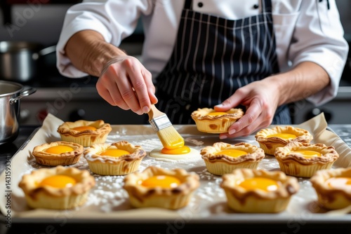 Chef in kitchen spreading egg yolks onto tray of egg tarts with golden-brown crusts, creating smooth surface. Concept of preparation of custard pastries, egg tarts in focus.