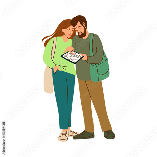 Flat vector illustration of a young couple with shoulder bags checking a digital map on a tablet, isolated on white background.