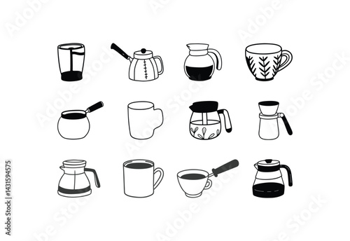 A black and white version of a glass jug pouring water into glasses