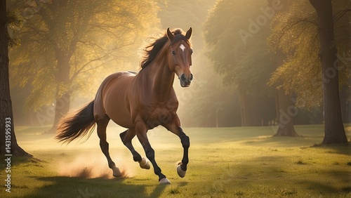 Brown Horse Running Freely in Green Meadow with Mountain View