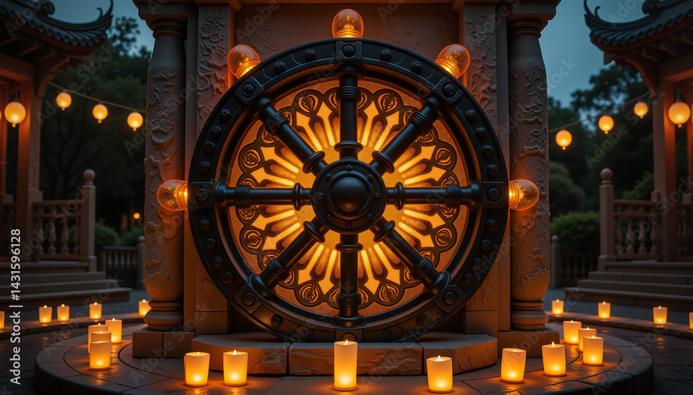 Obraz premium Luminous Wheel of Dharma Symbolizing Spirituality in Vesak Style 