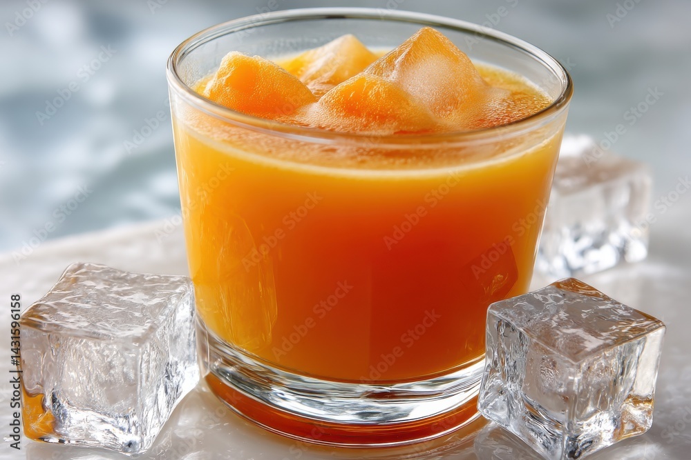 Close-up shot of a refreshing orange juice in a clear glass, accented with ice cubes, showcasing its vibrant color and inviting coolness for a healthy summer drink.