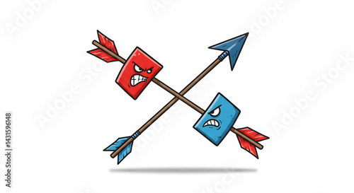 Clash of Angry Cubes: A Cartoonish Depiction of Conflicting Forces on Crossed Arrows