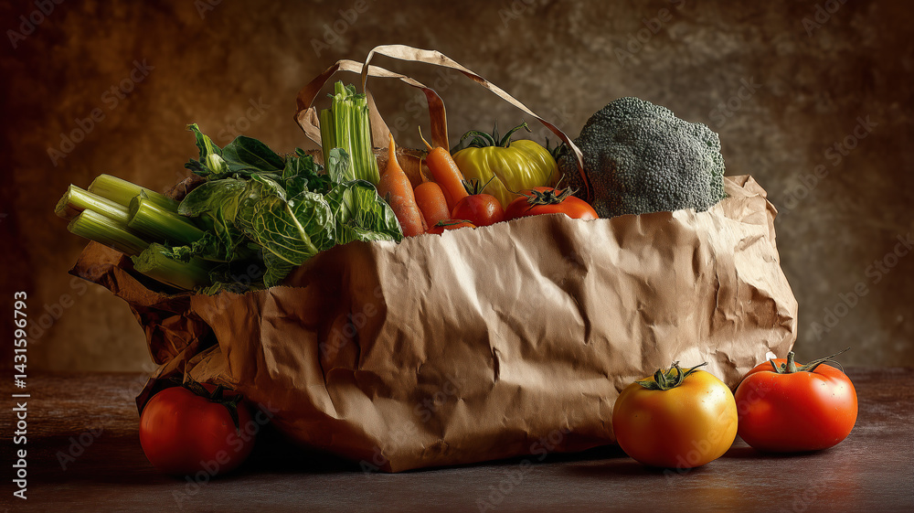 Brown Paper Bag Filled with Fresh Vegetables