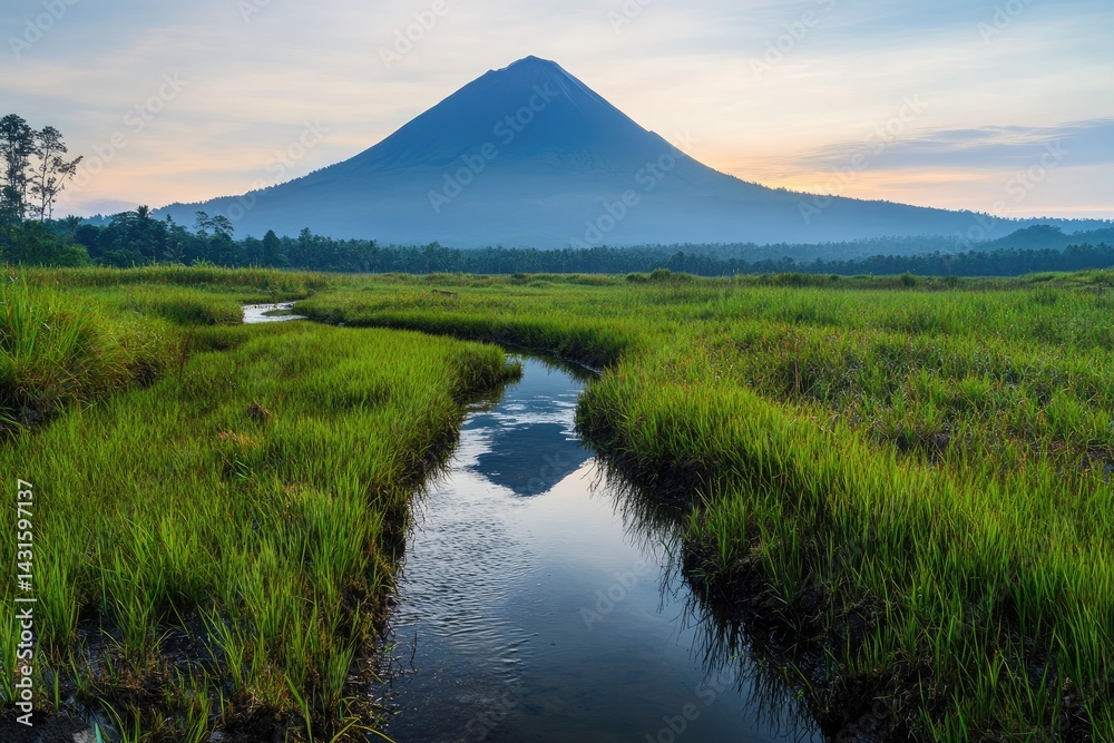 Fototapeta premium Shadowed Volcano in the Distance with Marshy Ground and Water Stream at Dawn. Snow-Capped Peak, Grassland Reflecting Light, and Blue Sky at Dusk in Majestic Travel Landscape