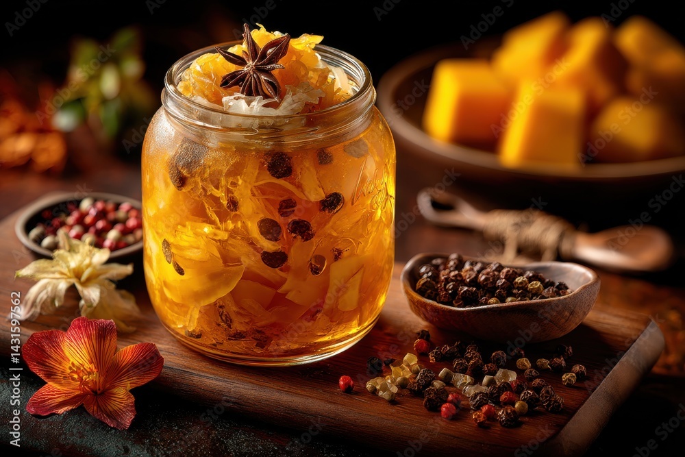 Fototapeta premium A close-up of spiced pumpkin preserves in a jar, with a wooden board featuring peppers, accompanied by autumn flowers and pumpkin pieces in the background.