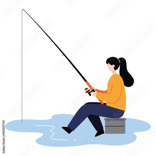 Serene Fishing Scene A Vector Illustration of a Woman Enjoying a Peaceful Day of Fishing