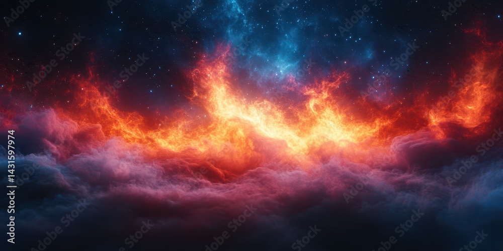 Fototapeta premium Vibrant cosmic clouds illuminated by flames and stars in a stunning night sky display over a serene landscape