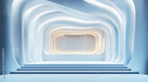 modern, abstract stage design in concert hall features smooth, flowing lines and soft lighting, creating futuristic and elegant atmosphere