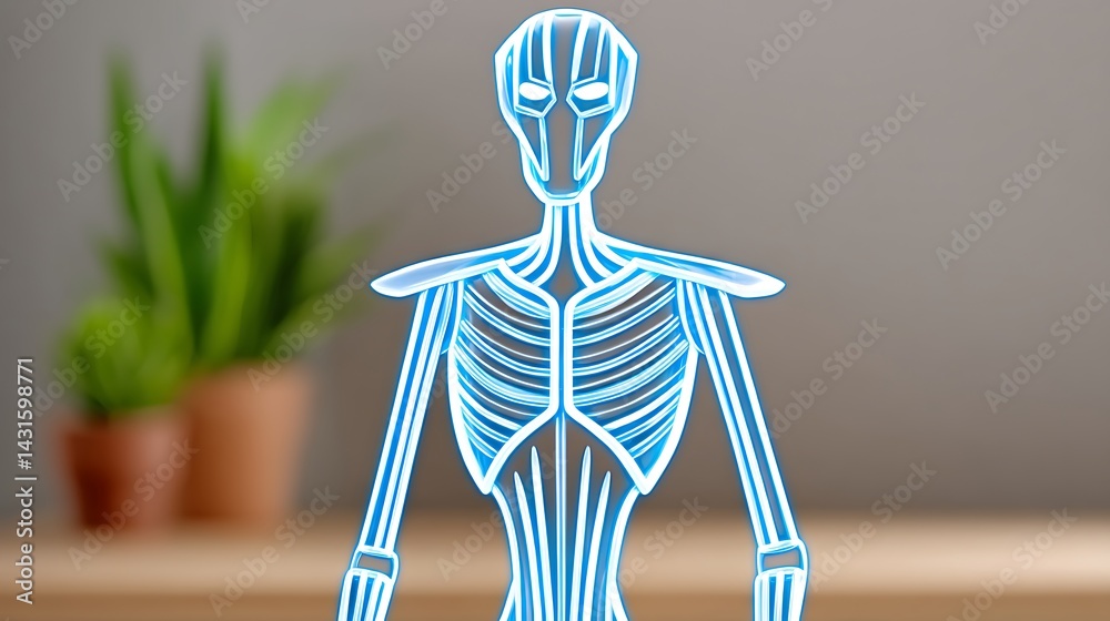 Glowing skeletal figure, digitally rendered, detailed anatomy, futuristic design Glowing skeletal figure, digitally rendered, detailed anatomy, futuristic design