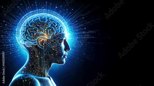 digital illustration of human brain with glowing circuits, symbolizing fusion of technology and human intelligence. image conveys innovation and futuristic concepts