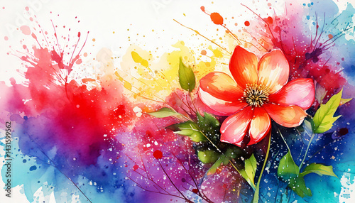 vibrant watercolor painting features large red flower with green leaves, set against colorful splash background of blues, purples, and yellows, creating lively and artistic scene