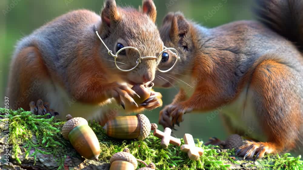 Funny Smart Squirrel with Glasses Eats Acorn Beside Friend Outdoors