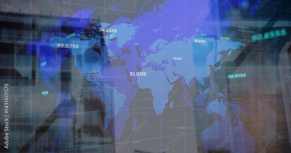 Obraz premium Image of financial data and world map over blurred cityscape