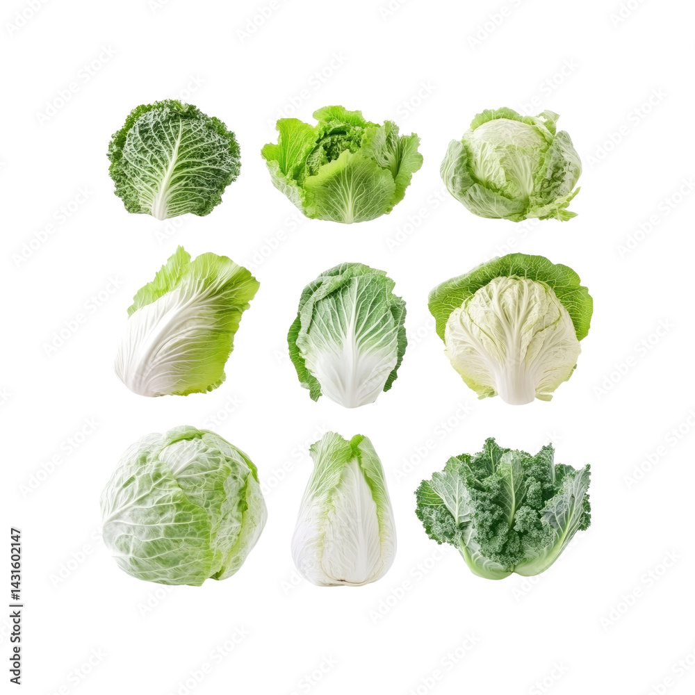 Assortment of Fresh Cabbages Green, White, and Savoy Varieties Assortment of Fresh Cabbages Green, White, and Savoy Varieties