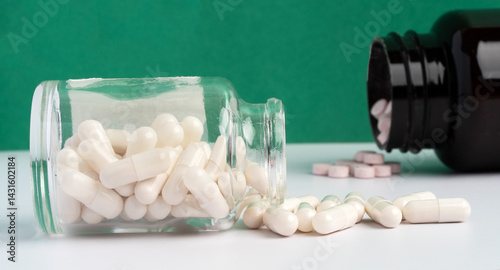 Scattered Pills and Capsules from Bottles on a Table Surface