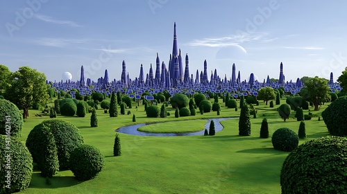 Lush green parkland with futuristic city skyline in background; tranquil scene
