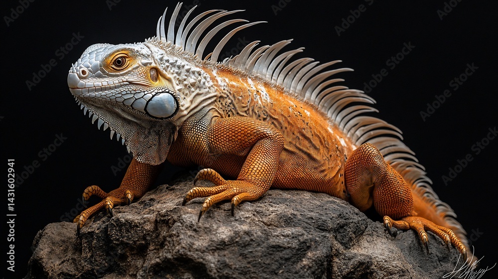 Fototapeta premium Orange iguana perched on rock