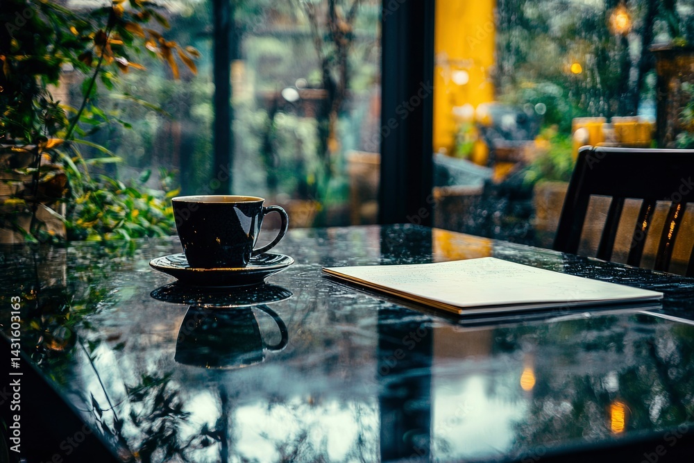 Dark coffee cup sits on table near window during rain Dark coffee cup sits on table near window during rain