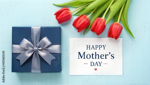 A beautiful flat lay featuring a gift box with a satin ribbon, vibrant red tulips, and a heartfelt Happy Mother's Day greeting card, perfect for Mother's Day celebrations