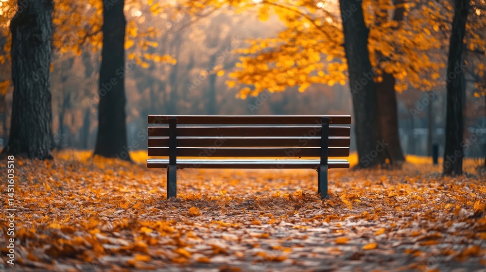 Autumnal Park Bench: Serene Solitude in Golden Hues Autumnal Park Bench: Serene Solitude in Golden Hues