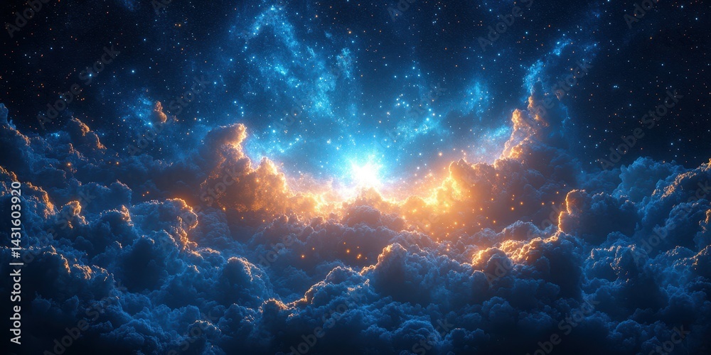 Vibrant cosmic energy shines through billowing clouds in a starry sky at twilight Vibrant cosmic energy shines through billowing clouds in a starry sky at twilight