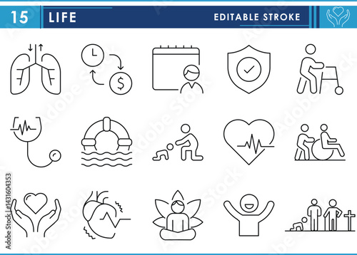 A set of line icons related to Life. Lifeline, alive, calendar, elderly, birth, evolution, money, and so on. Vector editable stroke.