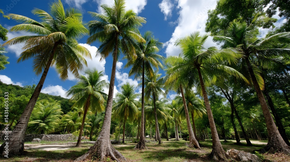 Obraz premium Palm trees stretch to the sky on tropical island under a blue, cloud-filled sky