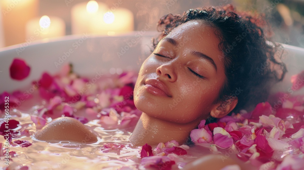 beautiful woman relaxing in a tub with flowers