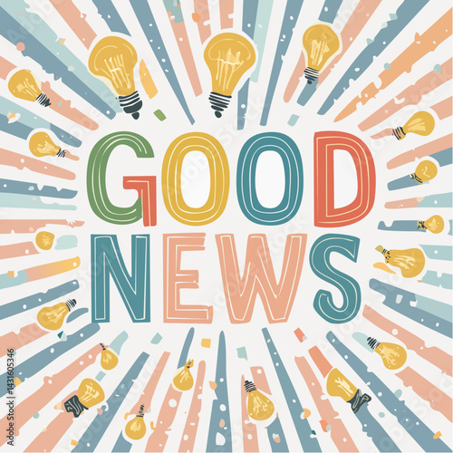 Good news vector typography. Vintage style colored font inscription with lightbulbs decor. Stylized retro postcard, positive message design layout. 