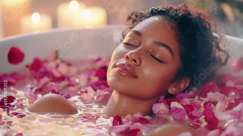 Obraz na płótnie beautiful woman relaxing in a tub with flowers w salonie