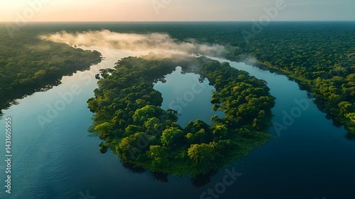 Aerial View of a Lush Green River Island in the Amazon Rainforest at Sunrise