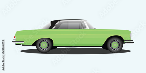 Green vintage sports car with shiny silver details on white background