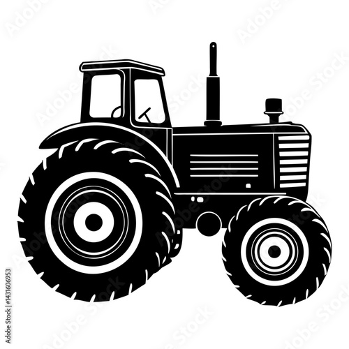 A black silhouette of a classic farm tractor vector illustration isolated on transparent background