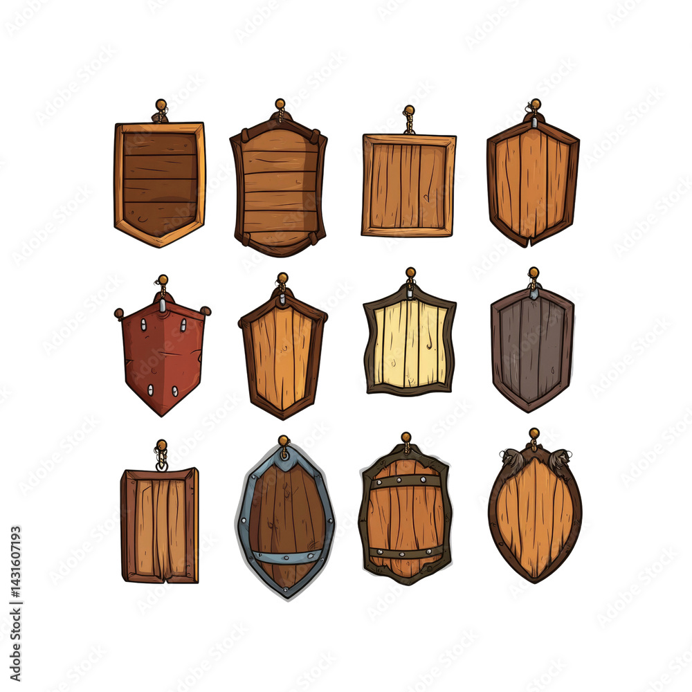 Naklejka premium Collection of Cartoon Wooden Shields and Signs for Game Design