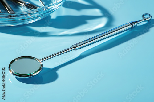 Dental instruments including mirror and scaler on blue surface