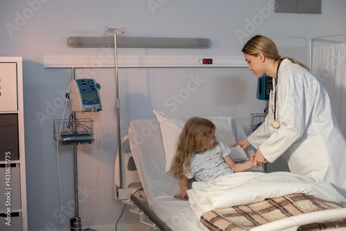 A compassionate pediatrician is providing attentive care for a child in a hospital room