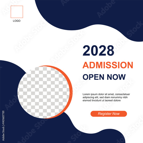  Modern blue and white social media post template for school, college, or university enrollment. Apply and register today!
