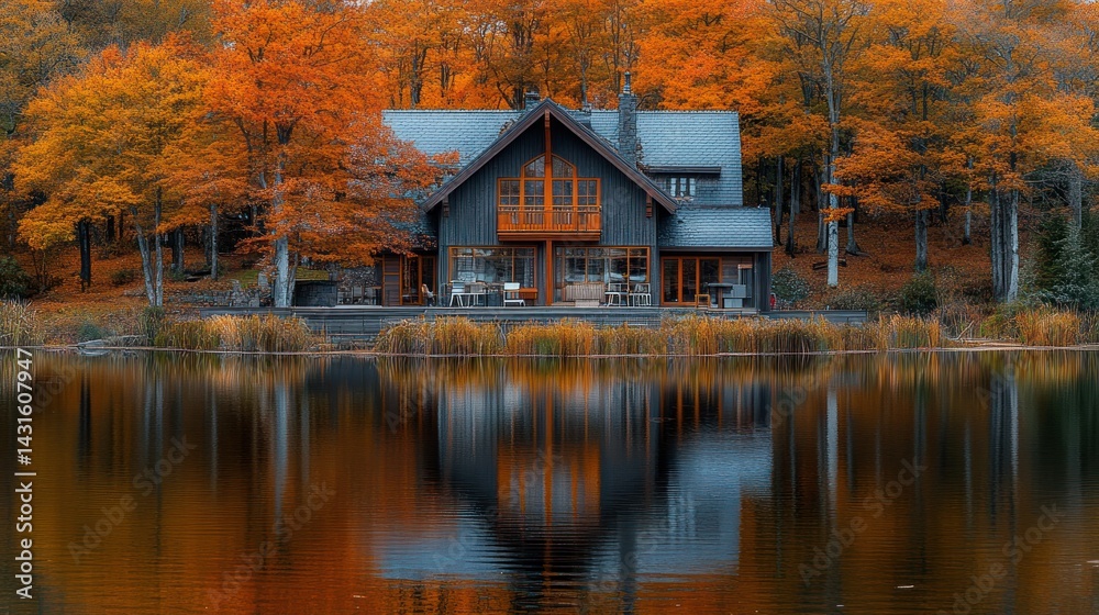 Fototapeta premium Autumnal Lakeside Retreat: A Serene Cabin Nestled Amongst Vibrant Fall Foliage
