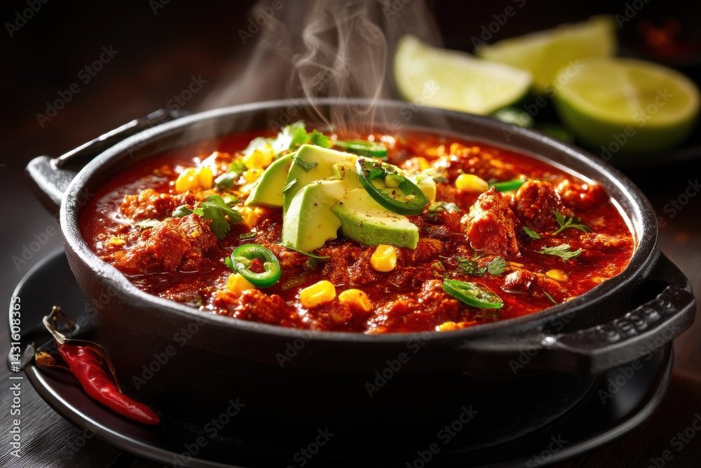 Close up of a bowl of steaming chili topped with avocado slices, corn, jalapenos, and herbs, with a side of lime wedges for a vibrant, flavorful meal. Close up of a bowl of steaming chili topped with avocado slices, corn, jalapenos, and herbs, with a side of lime wedges for a vibrant, flavorful meal.
