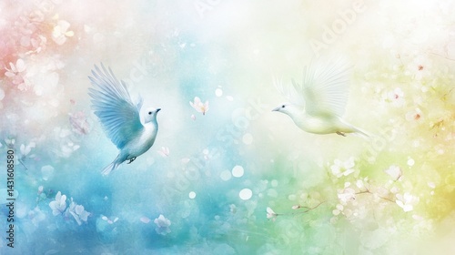 Two white doves soar amidst pastel blossoms, a serene image of peace.