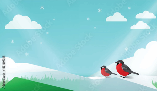 Two Cute Winter Birds in Snowy Landscape, Holiday Season Art, winter scene vector , winter two bird vector desing illustration 

