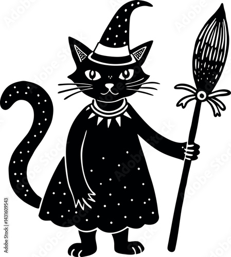 Witch Cat With Broom And Hat