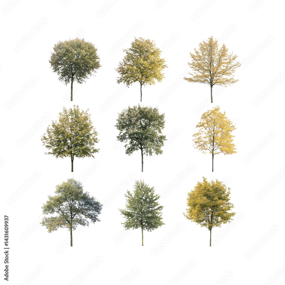 Fototapeta premium Nine Isolated Trees in Various Stages of Autumn Foliage - Perfect for Landscape Design and