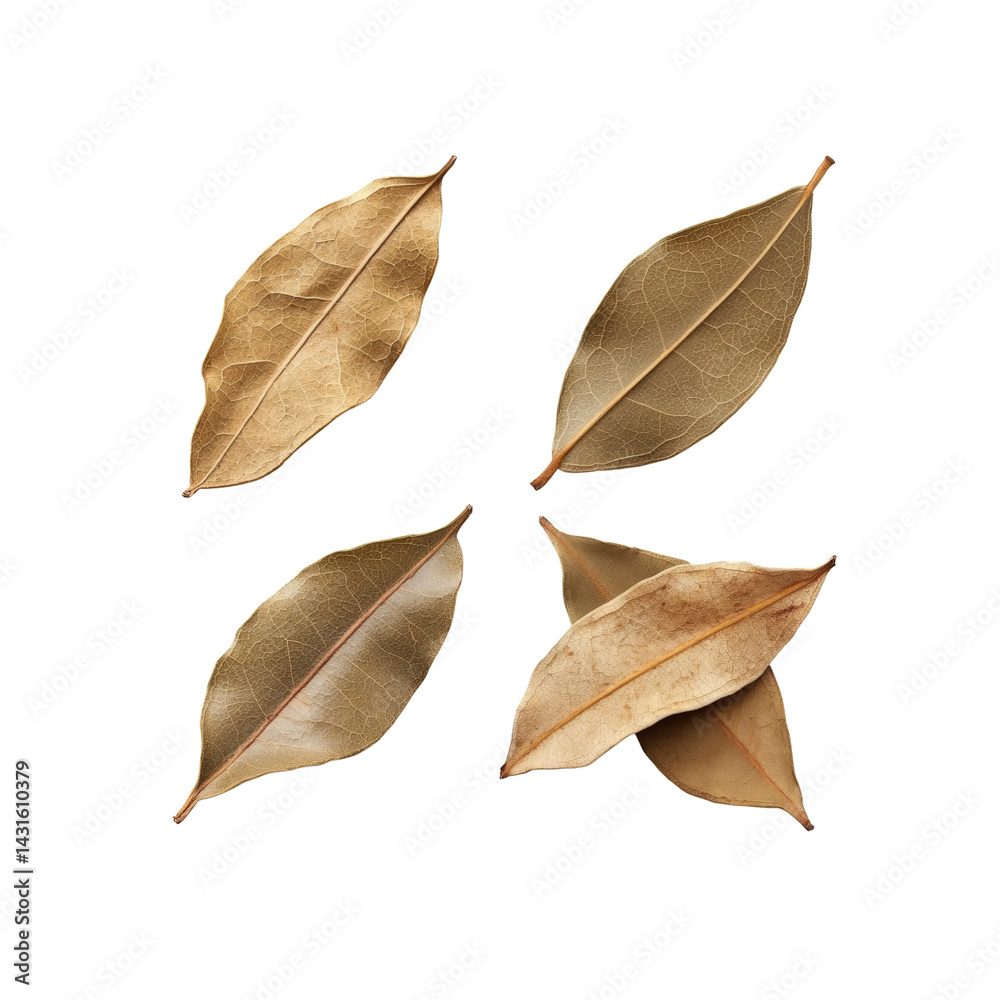 Four Dried Bay Leaves Arranged in a Cross Pattern on Transparent Background Four Dried Bay Leaves Arranged in a Cross Pattern on Transparent Background