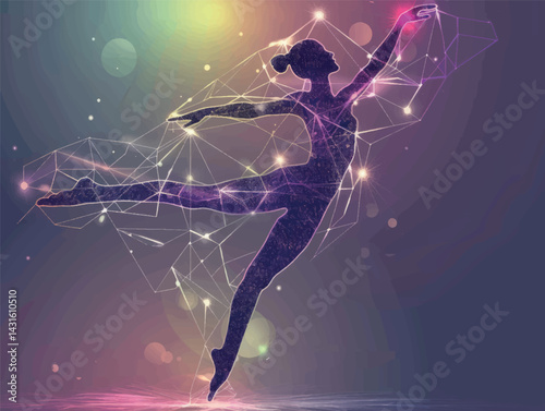 Silhouette of a woman gymnast jumping art. Artistic gymnastics illustration. Sport, dance, stretching, ballet, splits.	